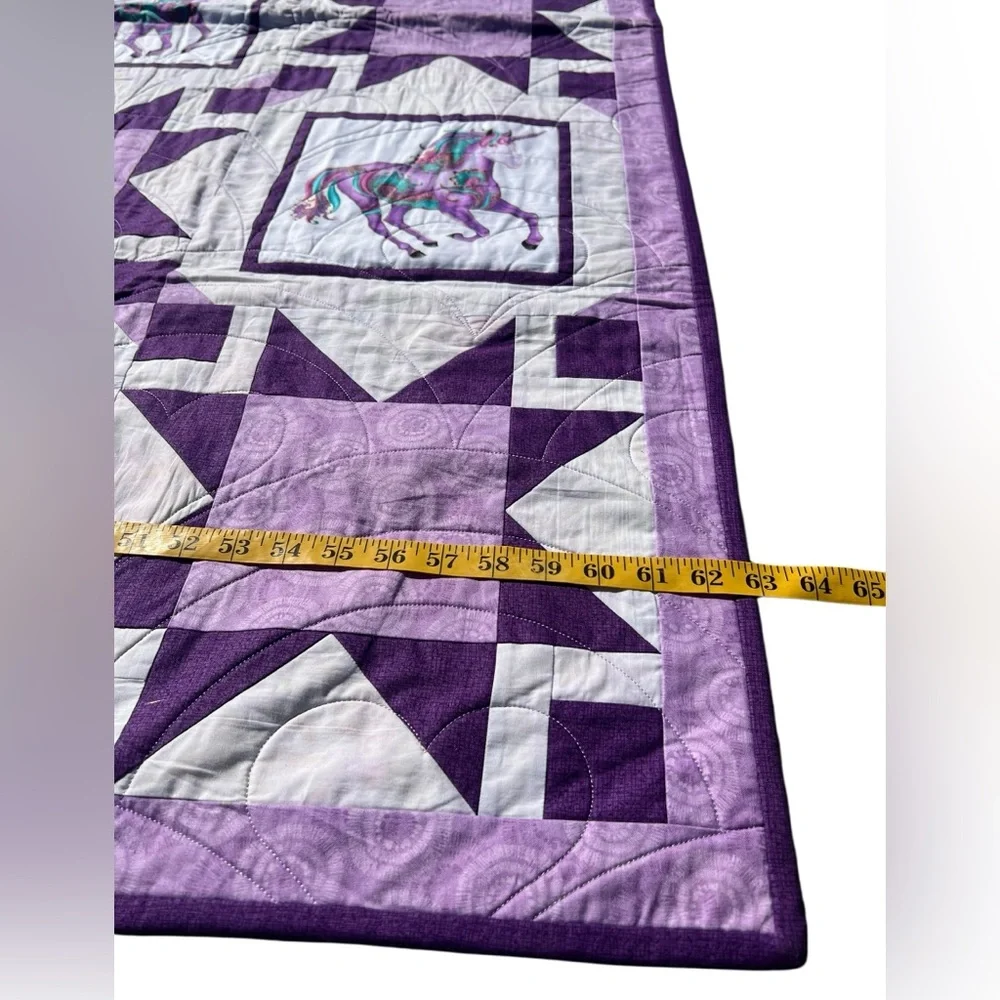 Magical Unicorn 63” Square Whimsical Purple Handmade Quilt Blanket Fantasy Decor
